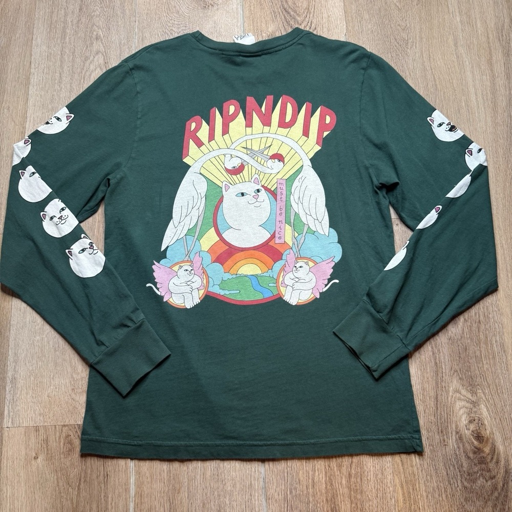 Rip N Dip Men's Small S Green‎ Long sleeve T-shirt Angel Cat